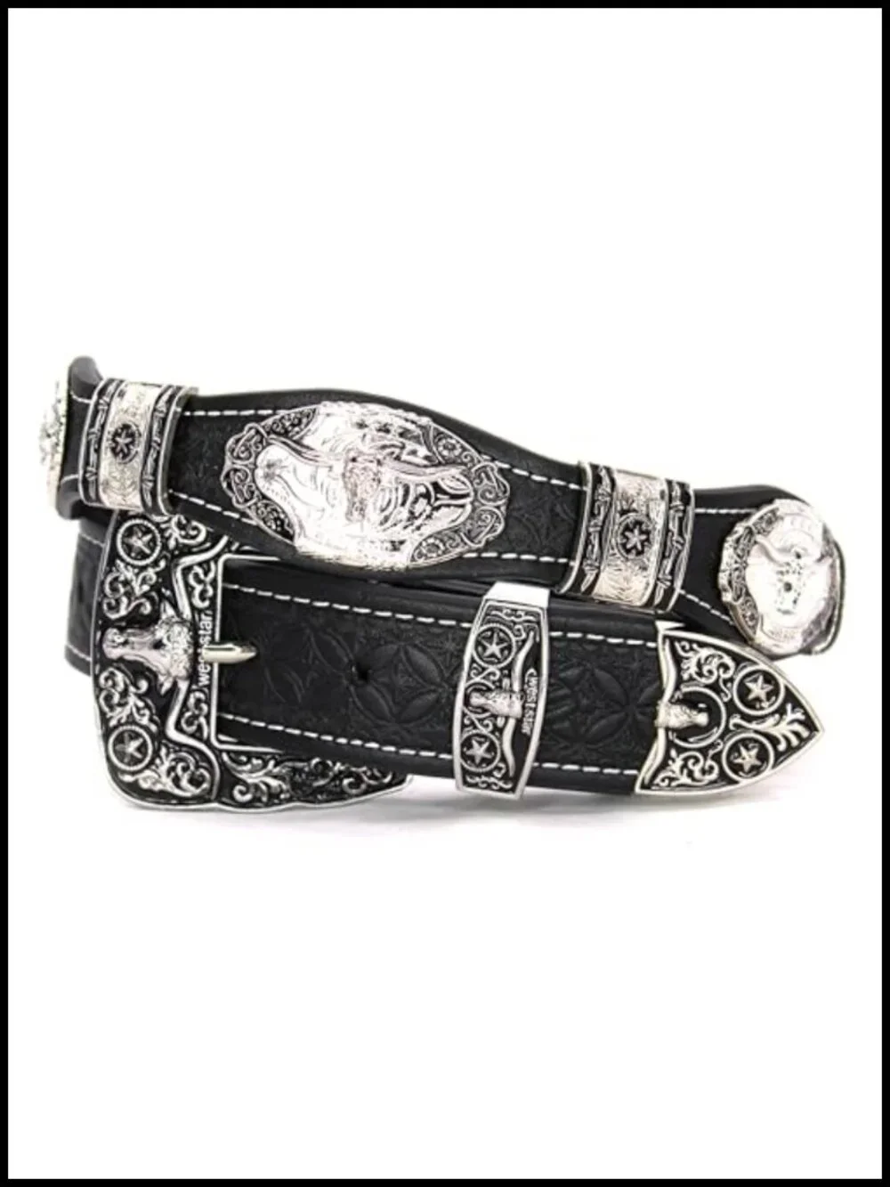Genuine Leather Western Concho Belt with Silver Star Buckle